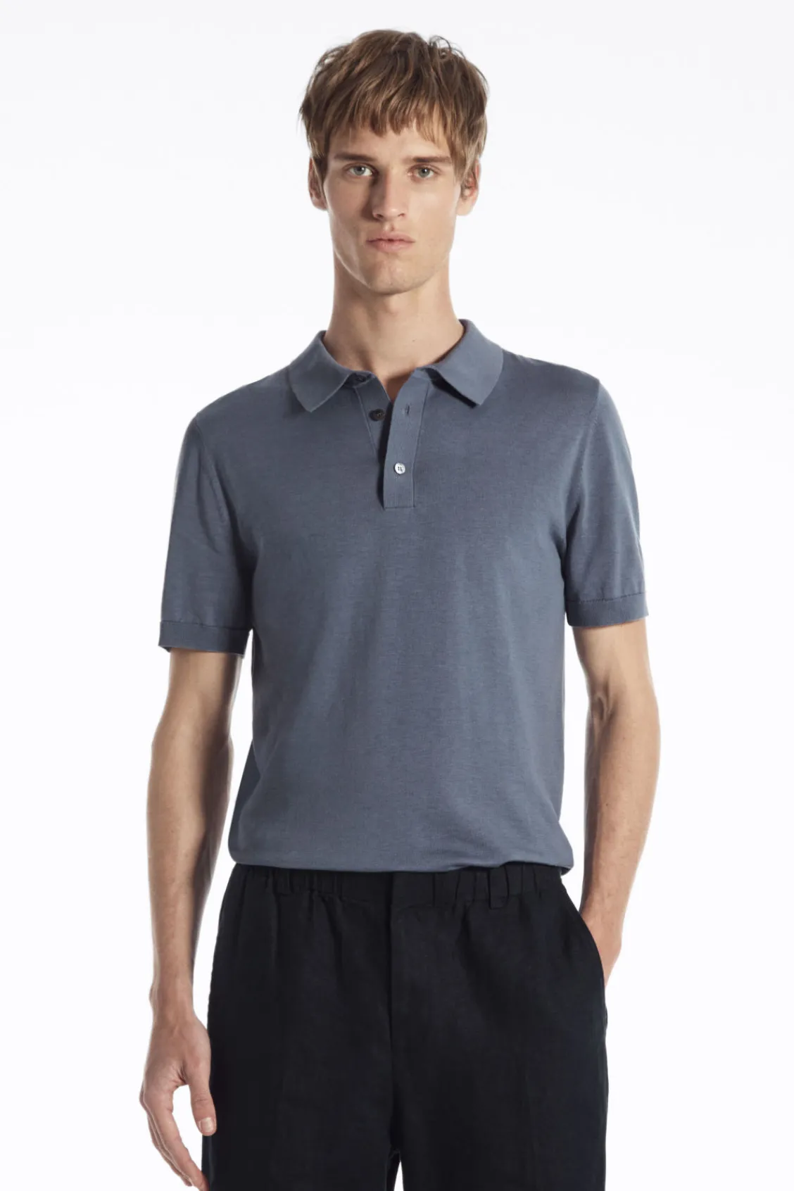 COS SLIM KNITTED SILK POLO SHIRT DUSTY BLUE Cheap