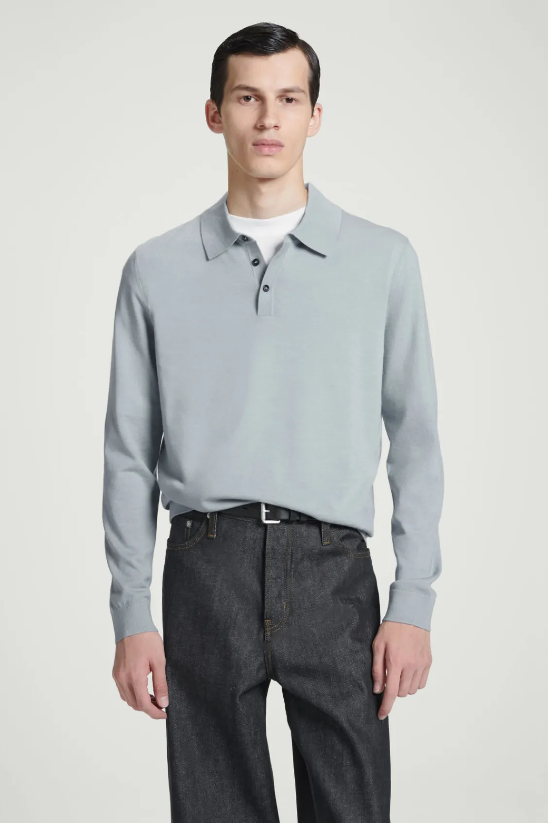 COS SLIM MERINO WOOL POLO SHIRT DUSTY BLUE Sale