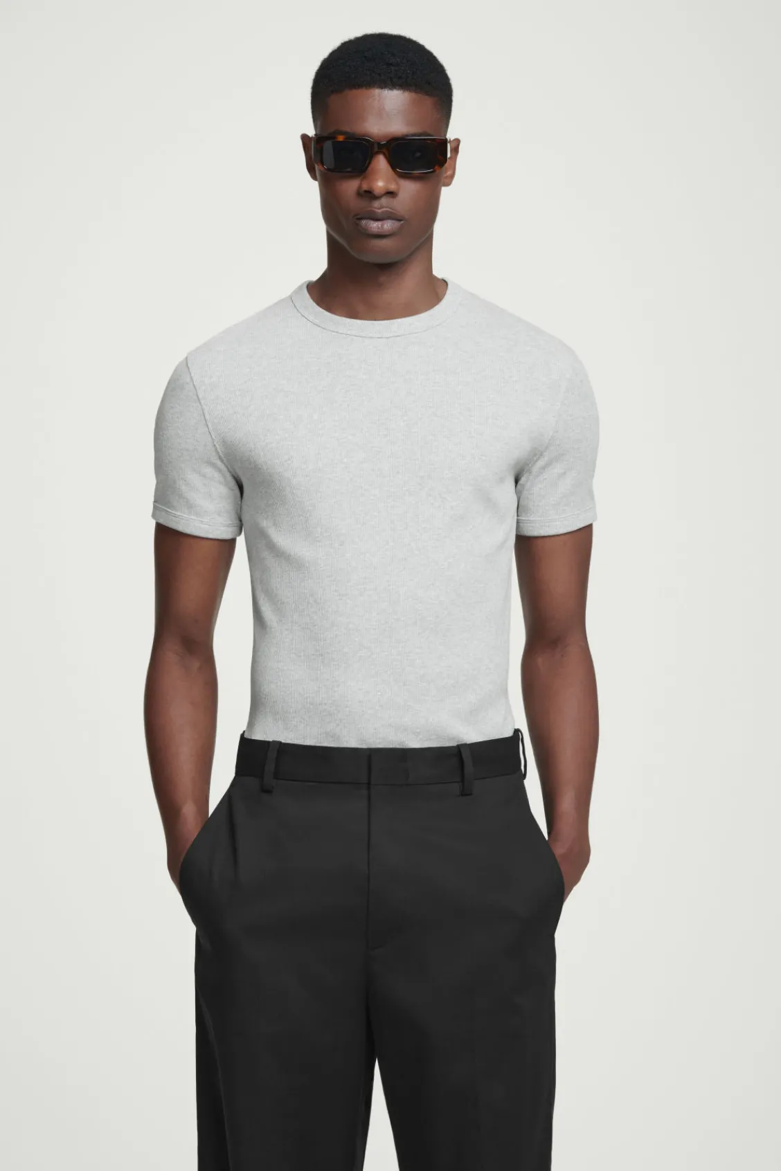 COS SLIM RIBBED COTTON T-SHIRT LIGHT GRAY Cheap