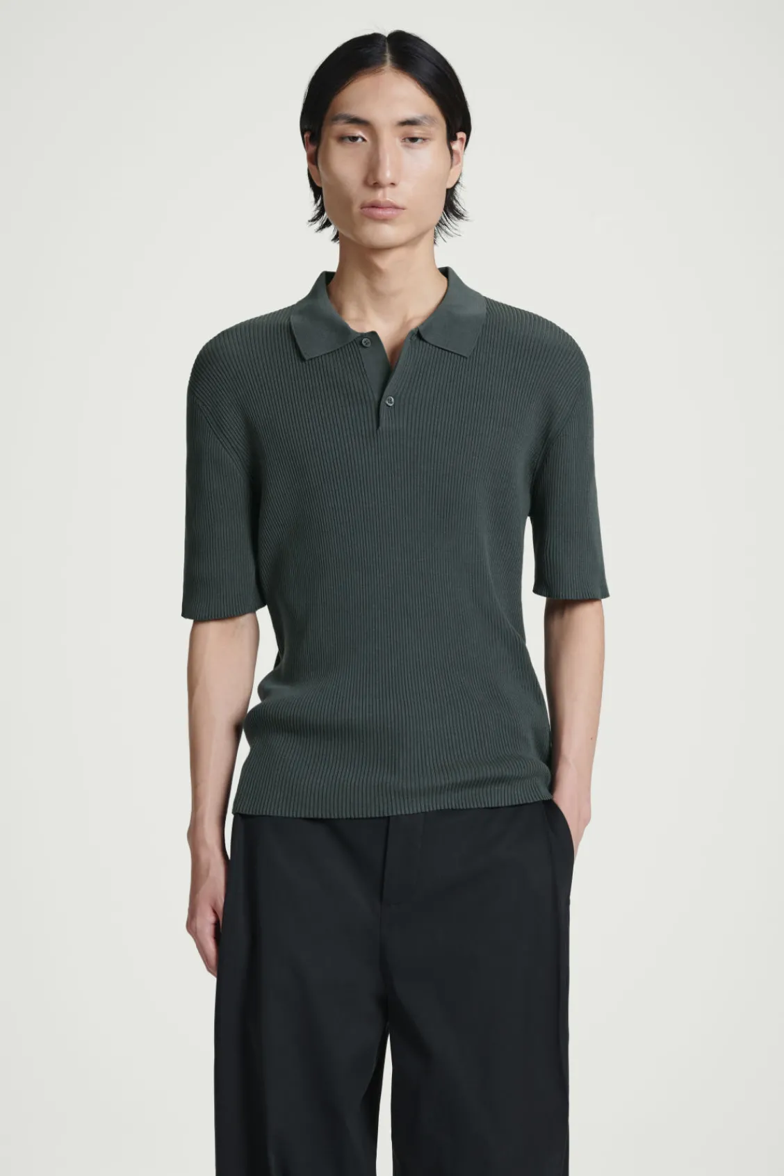 COS SLIM RIBBED-KNIT POLO SHIRT DARK GREEN Hot