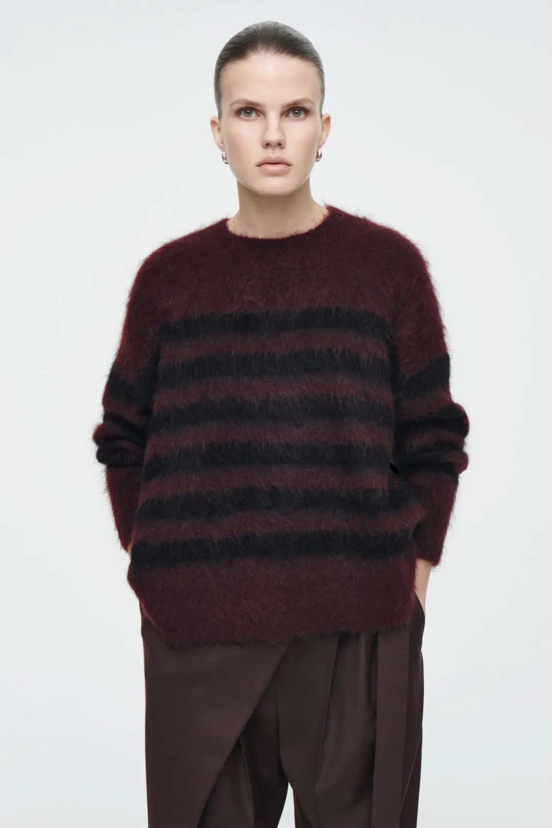 COS STRIPED BRUSHED-MOHAIR CREW-NECK SWEATER BLACK / BURGUNDY / STRIPED Shop