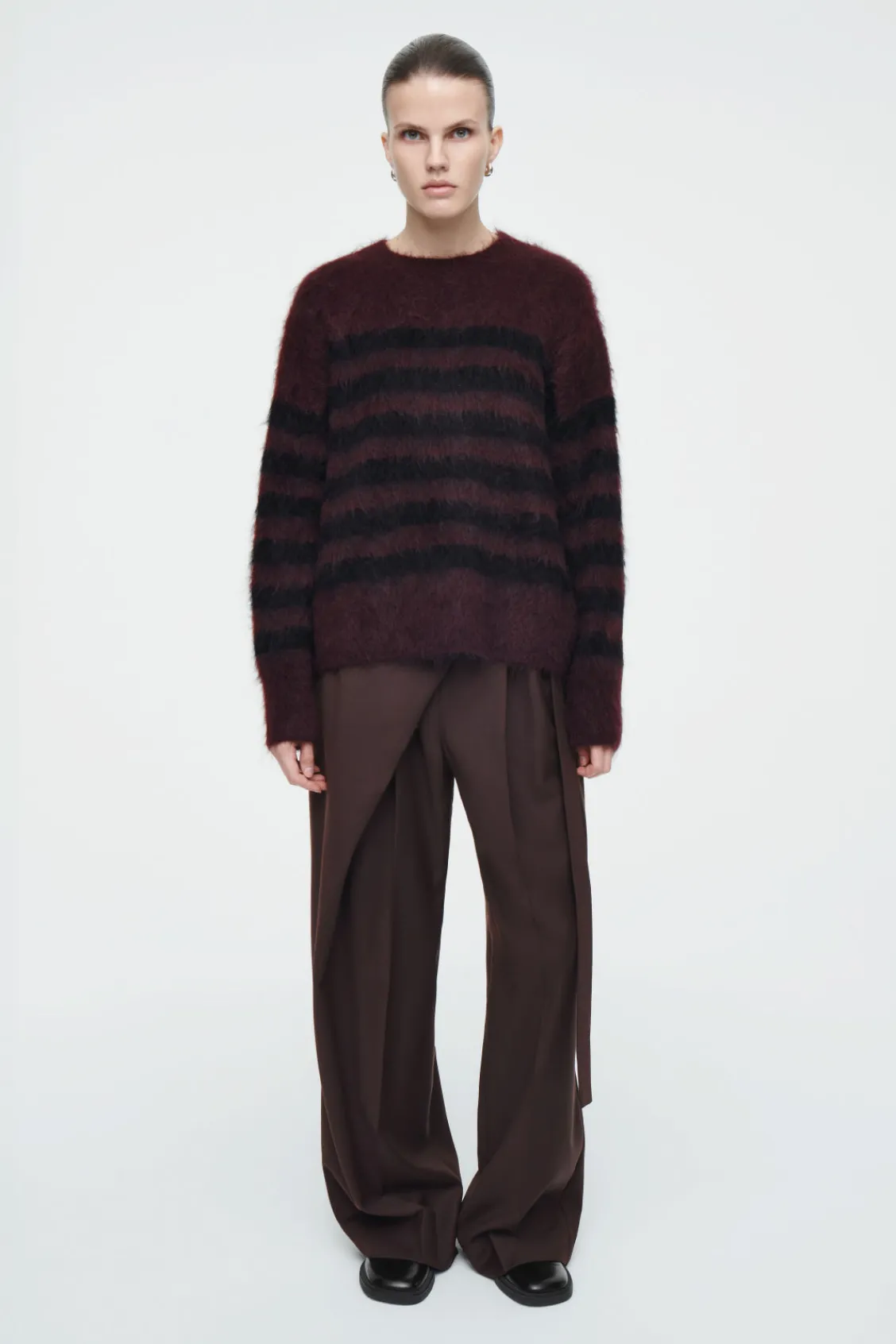 COS STRIPED BRUSHED-MOHAIR CREW-NECK SWEATER BLACK / BURGUNDY / STRIPED Shop