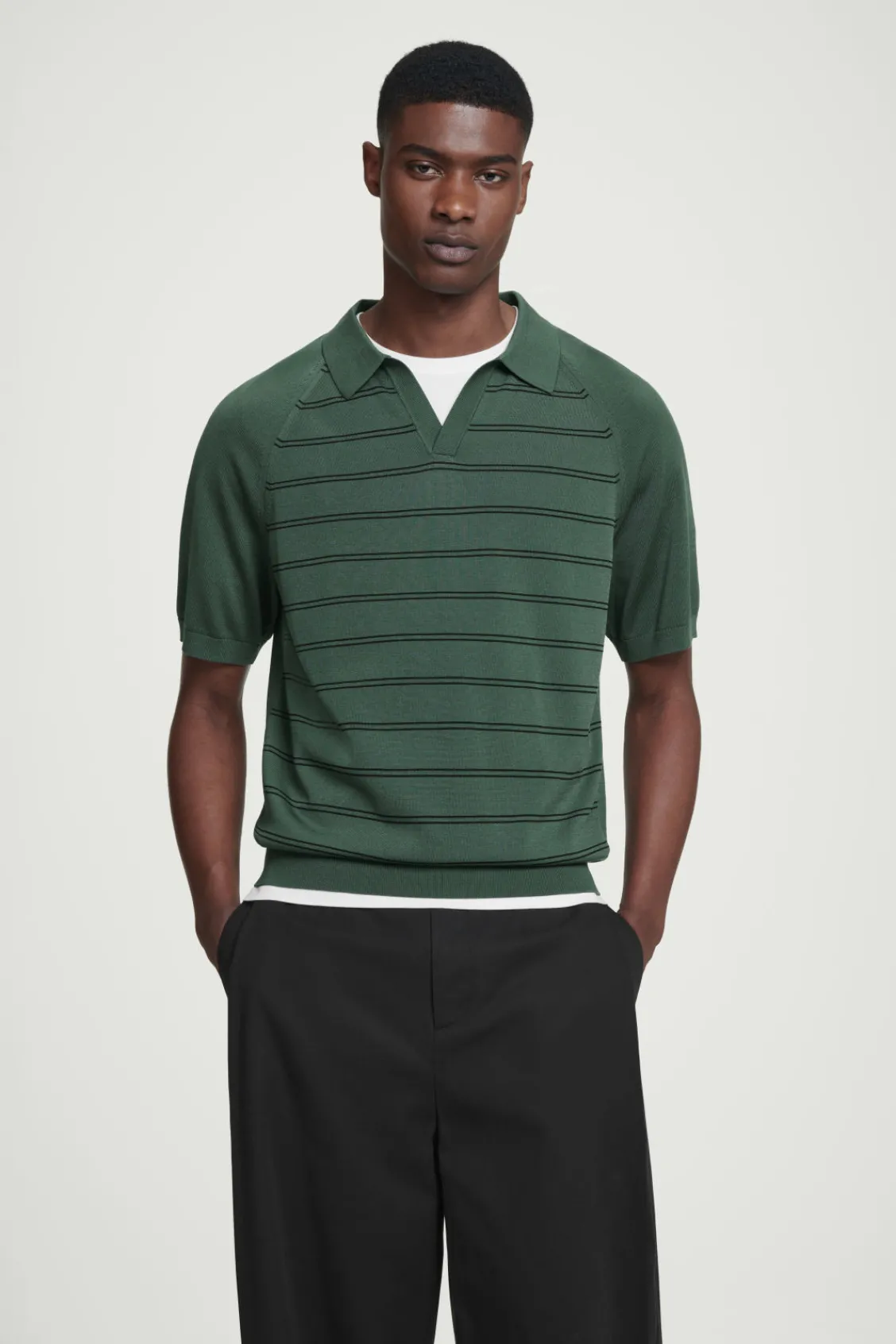 COS STRIPED KNITTED POLO SHIRT GREEN Cheap