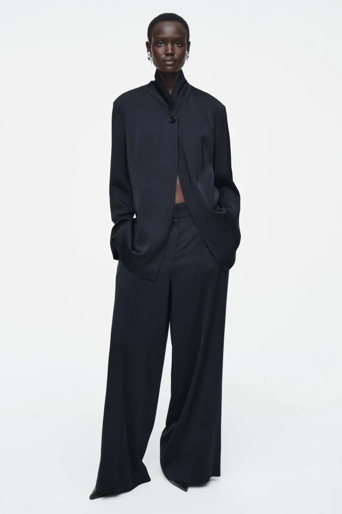 COS TAILORED SATIN WIDE-LEG PANTS NAVY Cheap