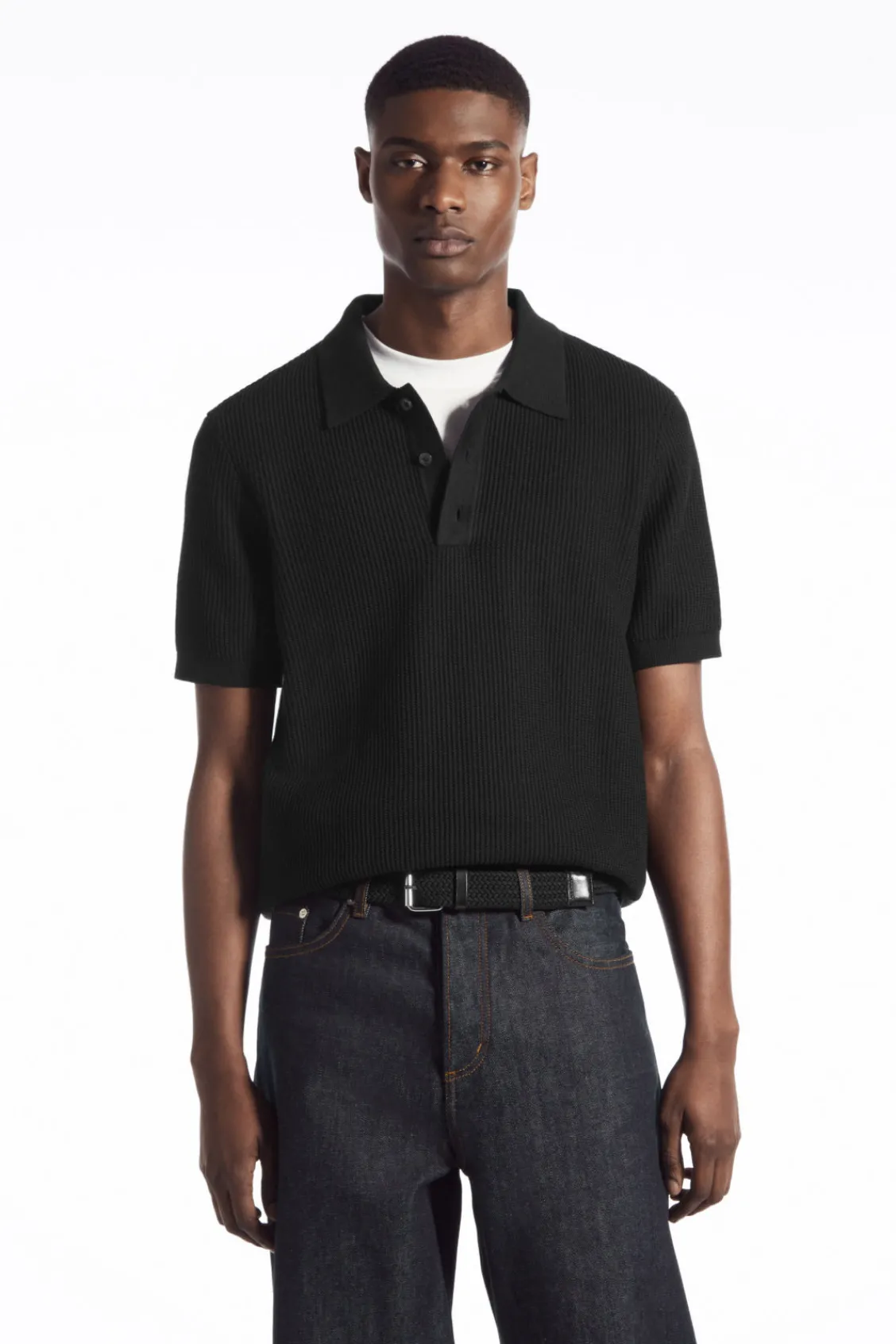 COS TEXTURED KNITTED POLO SHIRT BLACK Cheap