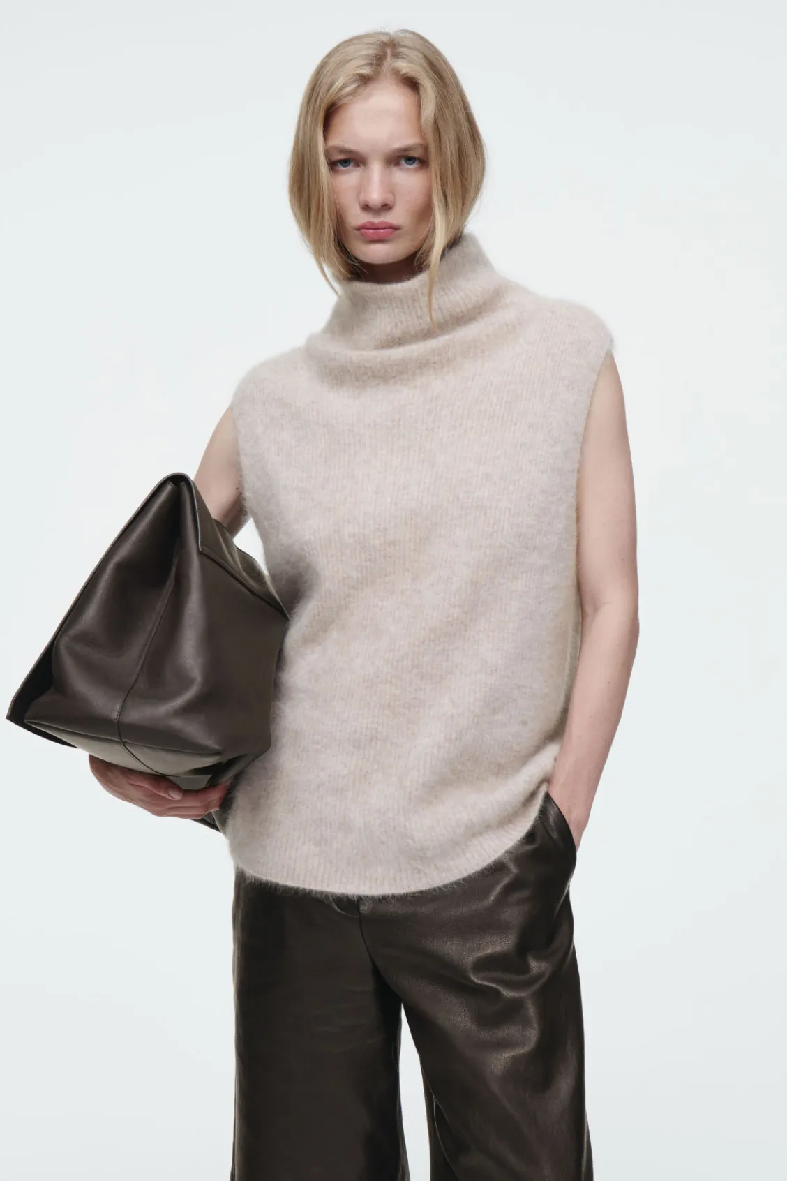 COS THE FUNNEL-NECK BRUSHED-CASHMERE TANK LATTE Shop