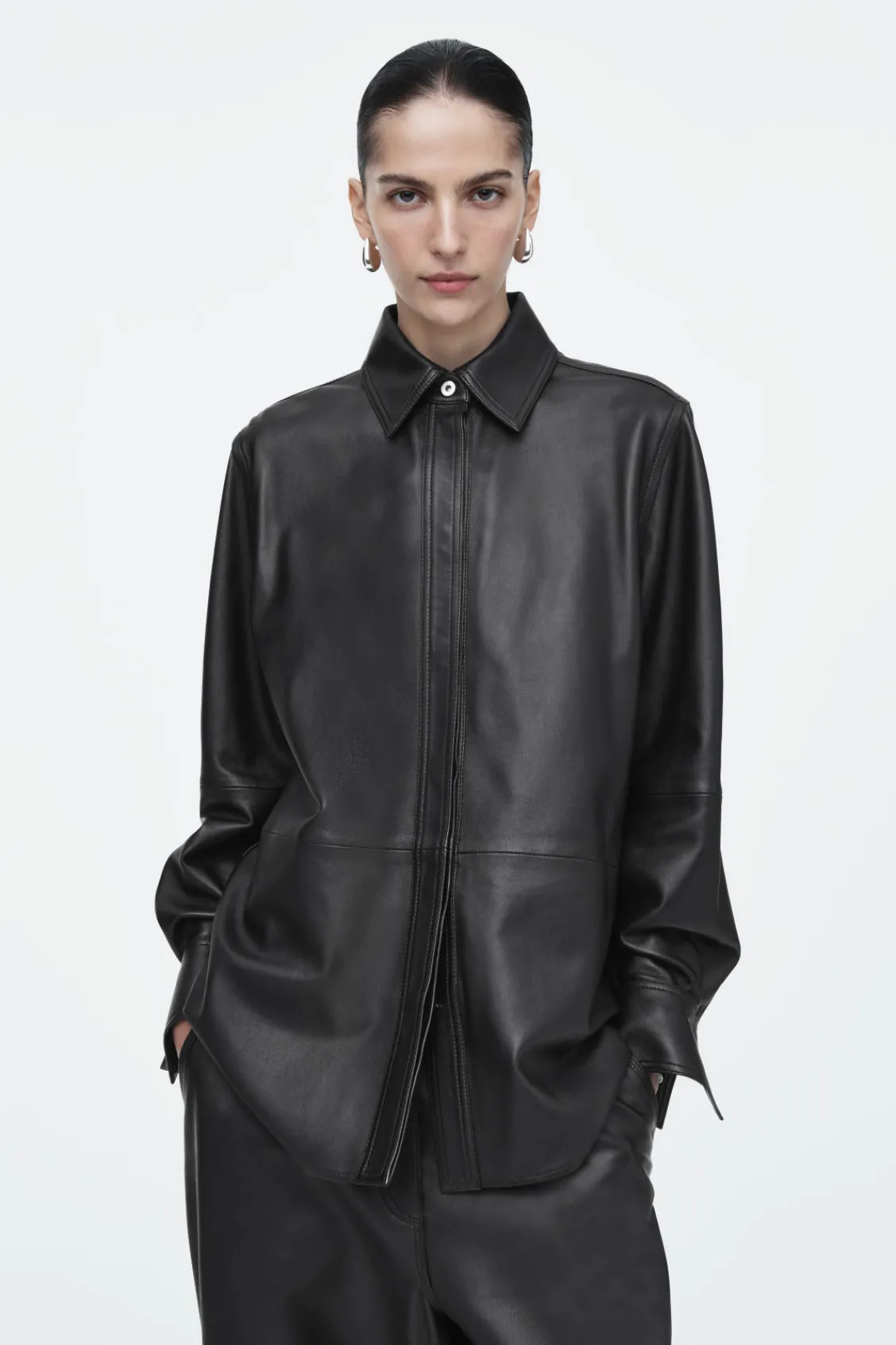 COS TOPSTITCHED LEATHER SHIRT BLACK Best