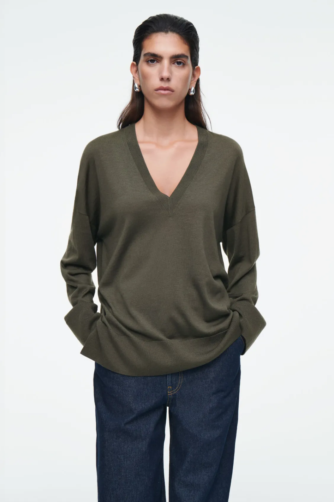 COS V-NECK MERINO WOOL SWEATER DARK KHAKI New