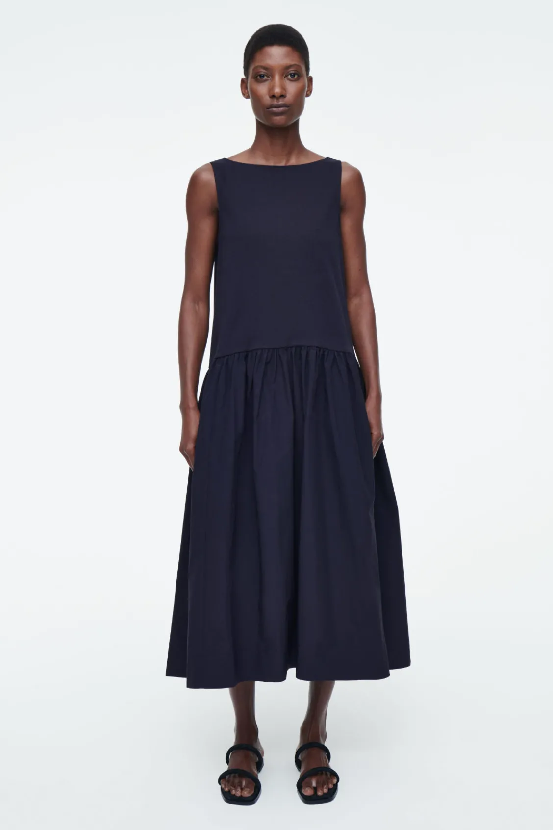 COS VOLUMINOUS SLEEVELESS MIDI DRESS NAVY Clearance