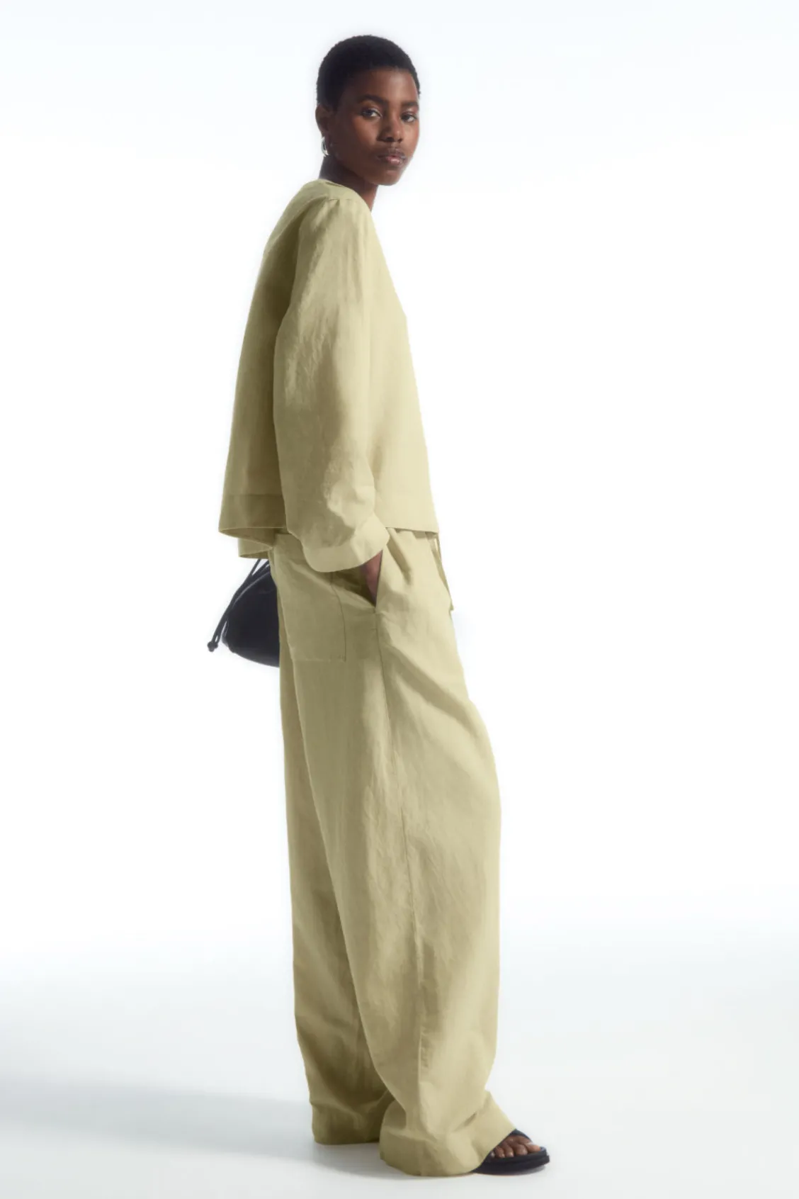 COS WIDE-LEG LINEN DRAWSTRING PANTS WASHED KHAKI Best Sale