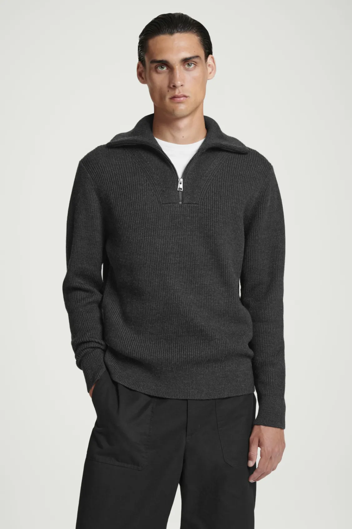 COS WOOL AND COTTON-BLEND HALF-ZIP SWEATER DARK GRAY Shop