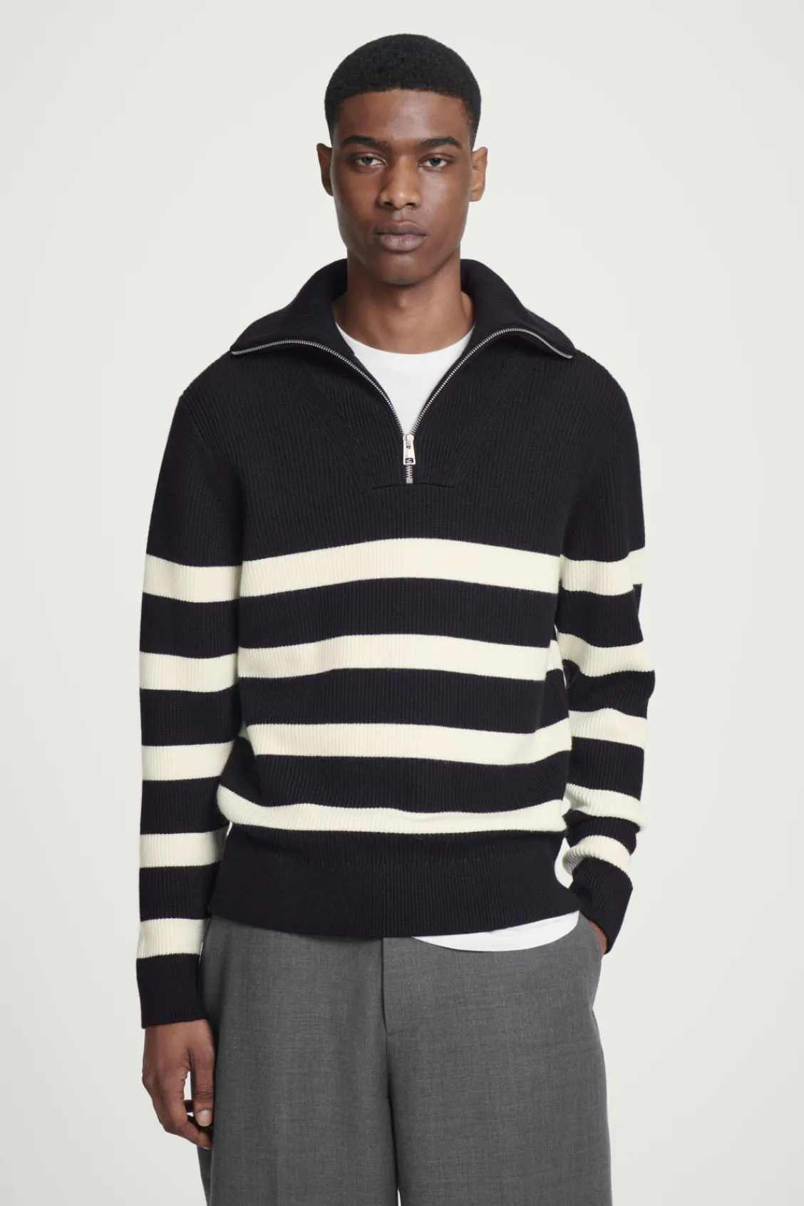 COS WOOL AND COTTON-BLEND HALF-ZIP SWEATER BLACK / CREAM / STRIPED Cheap