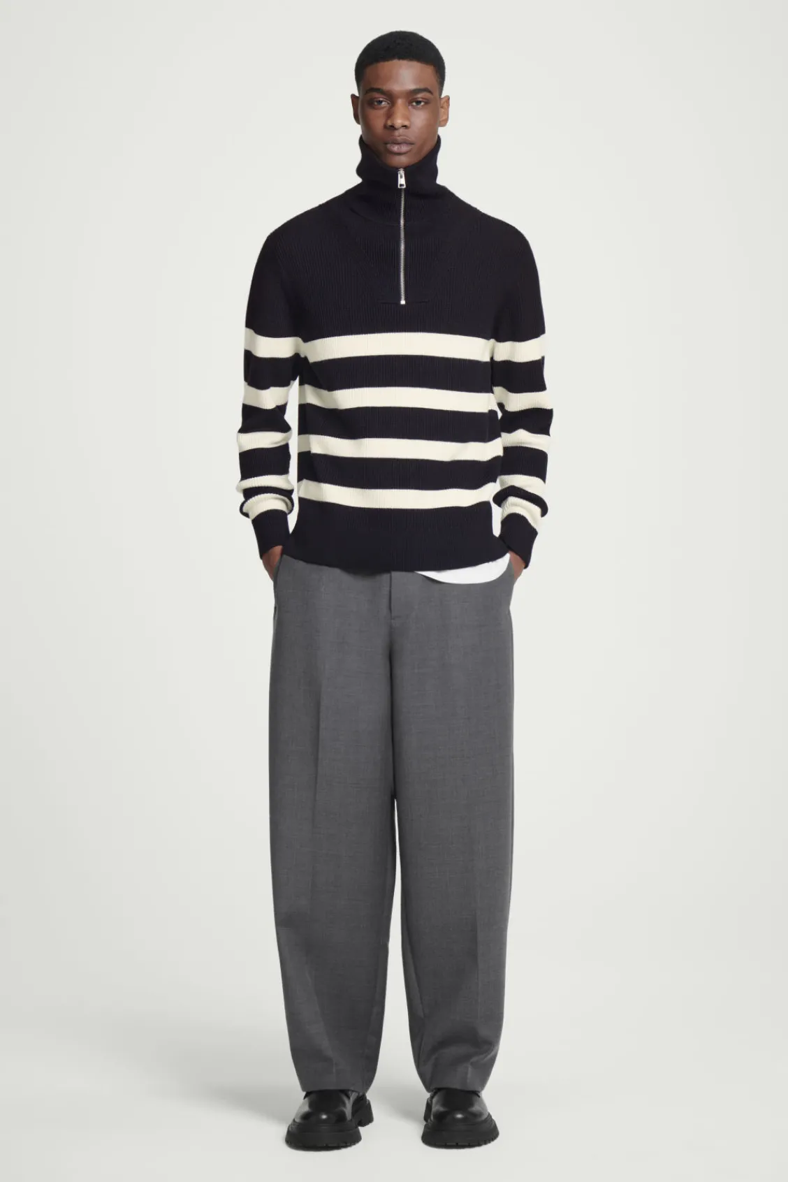 COS WOOL AND COTTON-BLEND HALF-ZIP SWEATER BLACK / CREAM / STRIPED Cheap