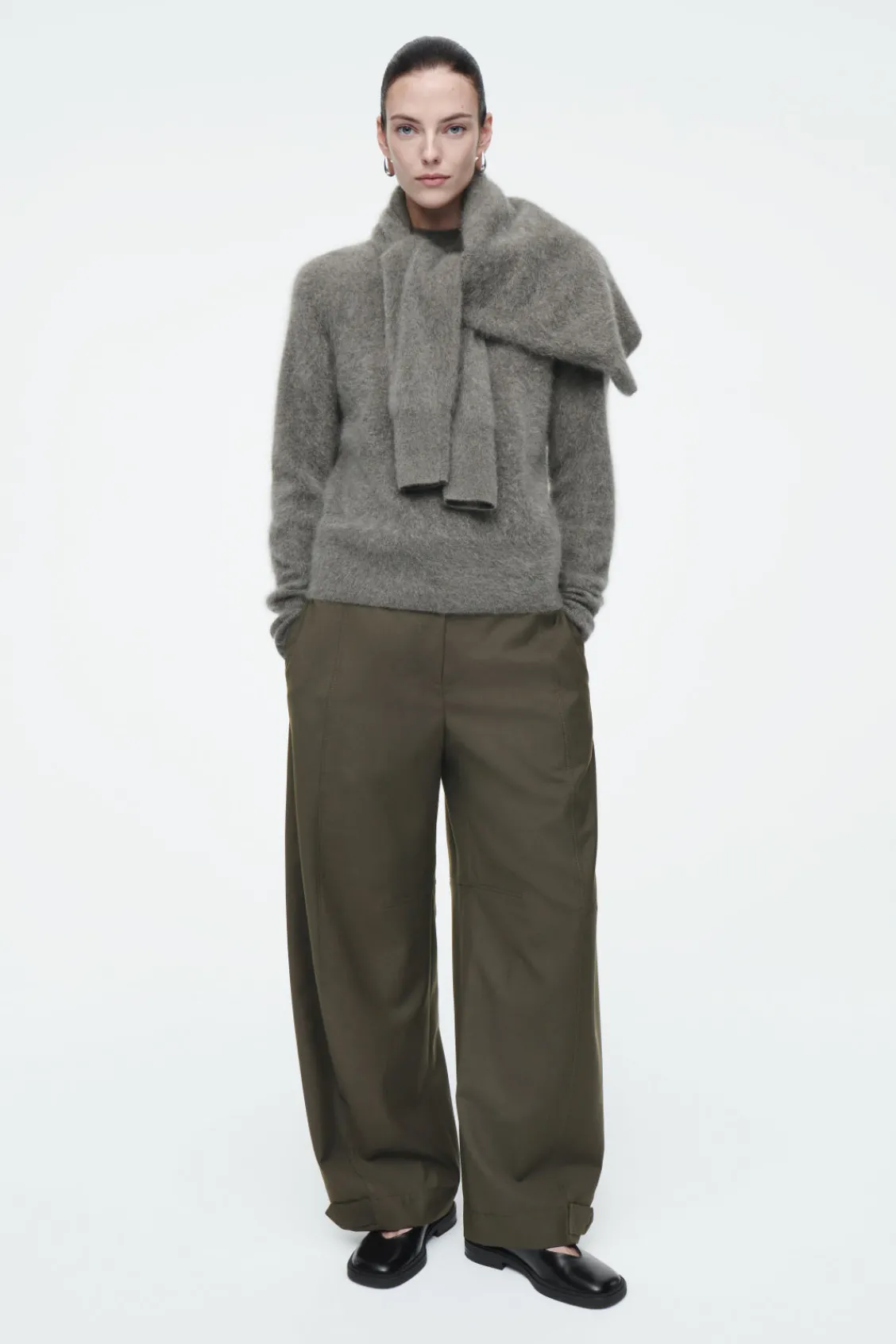 COS WOOL BARREL-LEG UTILITY PANTS KHAKI Shop