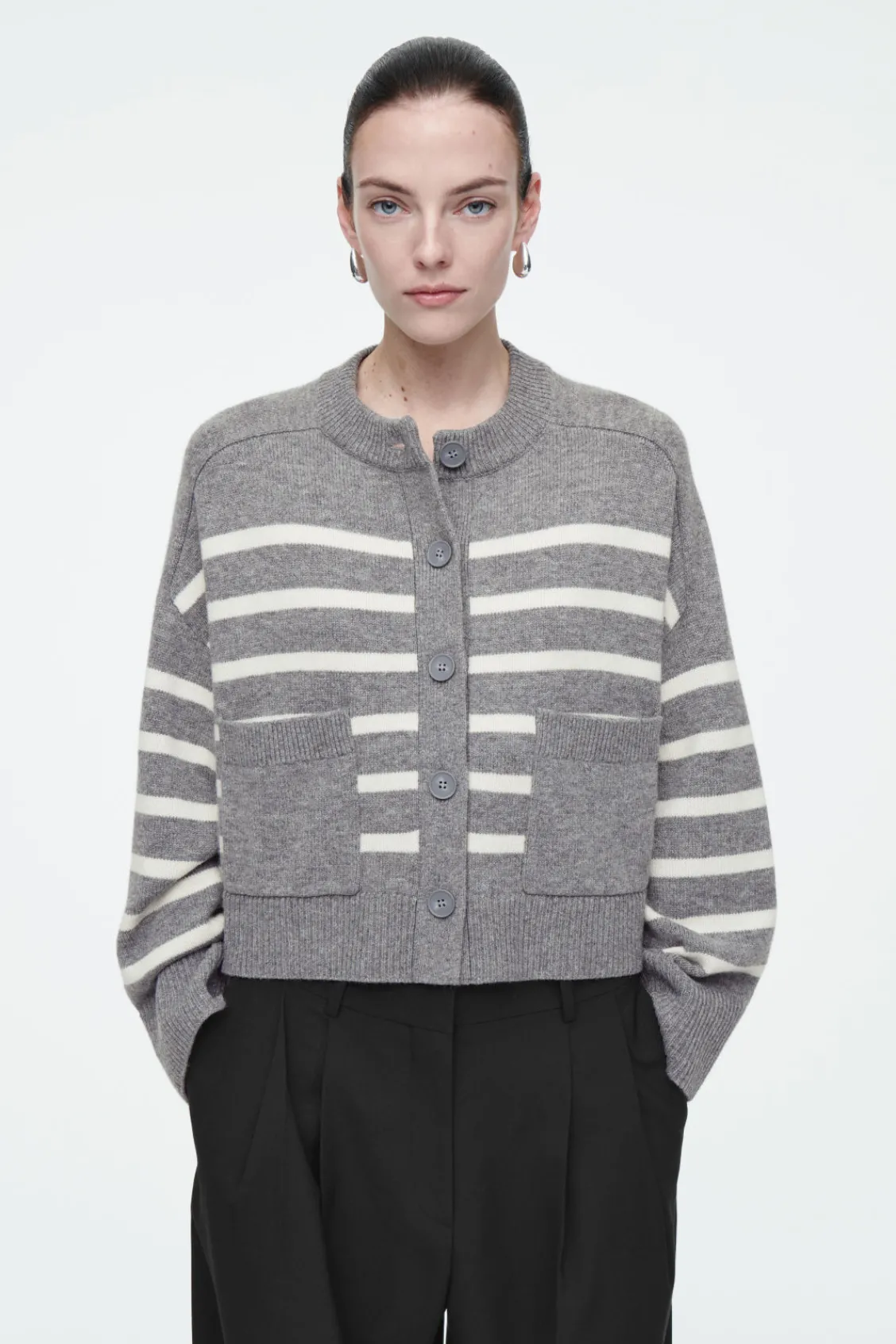 COS WOOL CREW-NECK CARDIGAN GRAY / STRIPED Hot