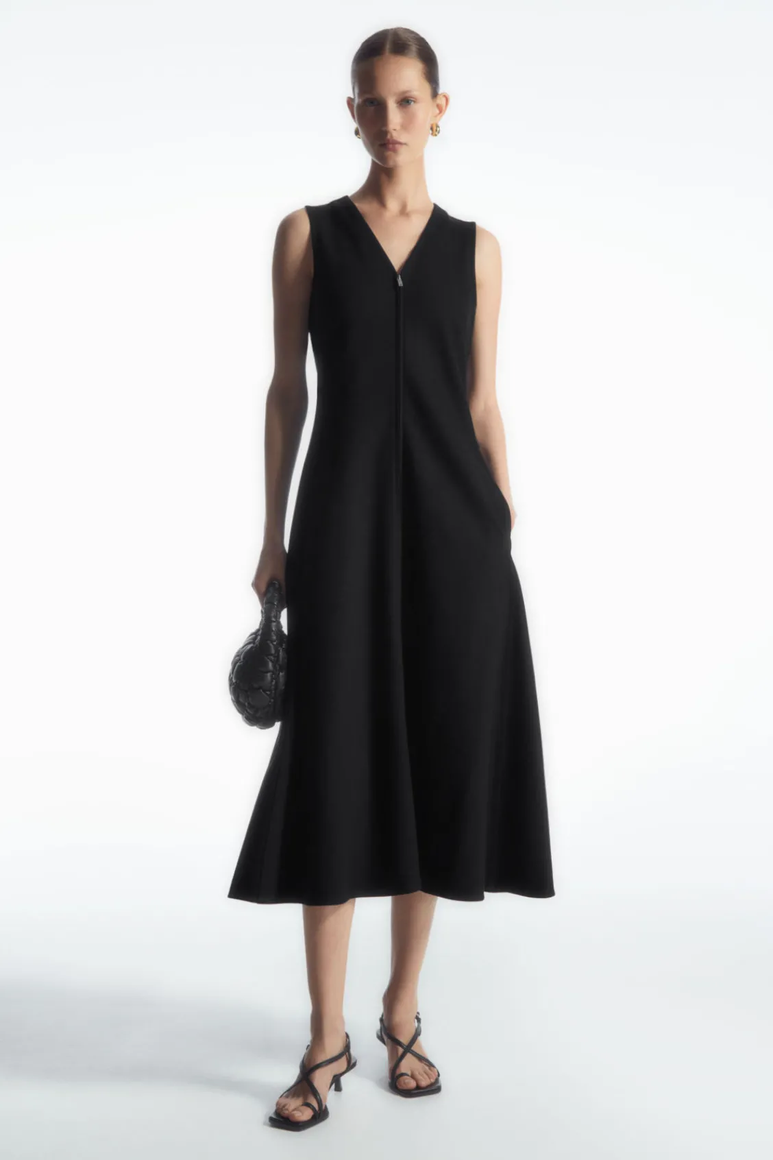 COS ZIP-FRONT V-NECK MIDI DRESS BLACK Sale